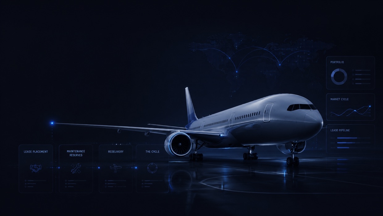 Generic commercial jet on a dark ramp surrounded by lessor HUD panels